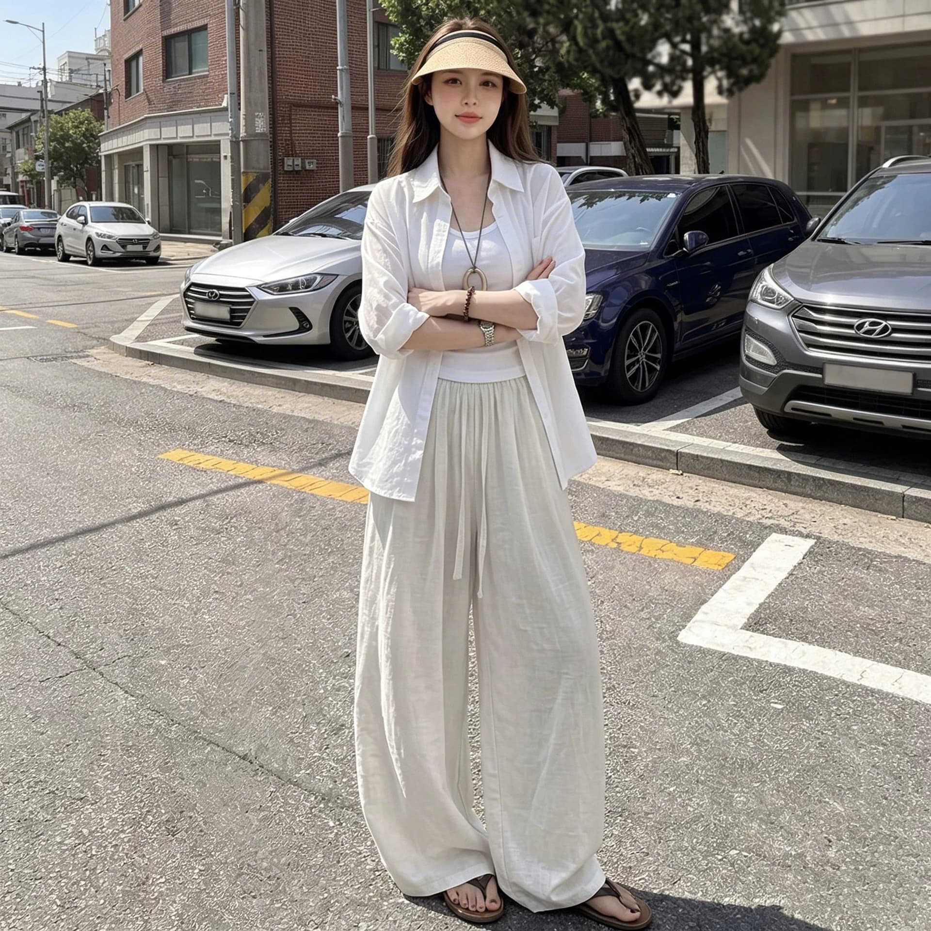 일본식 아마 모통이 칼 바지 여성 여름 얇은 스타일 하이웨이스트 도루 센스 오래된 돈 바람 지방 mm 빅 사이즈 자외선 차단 면 린넨 와이드 레그 팬츠