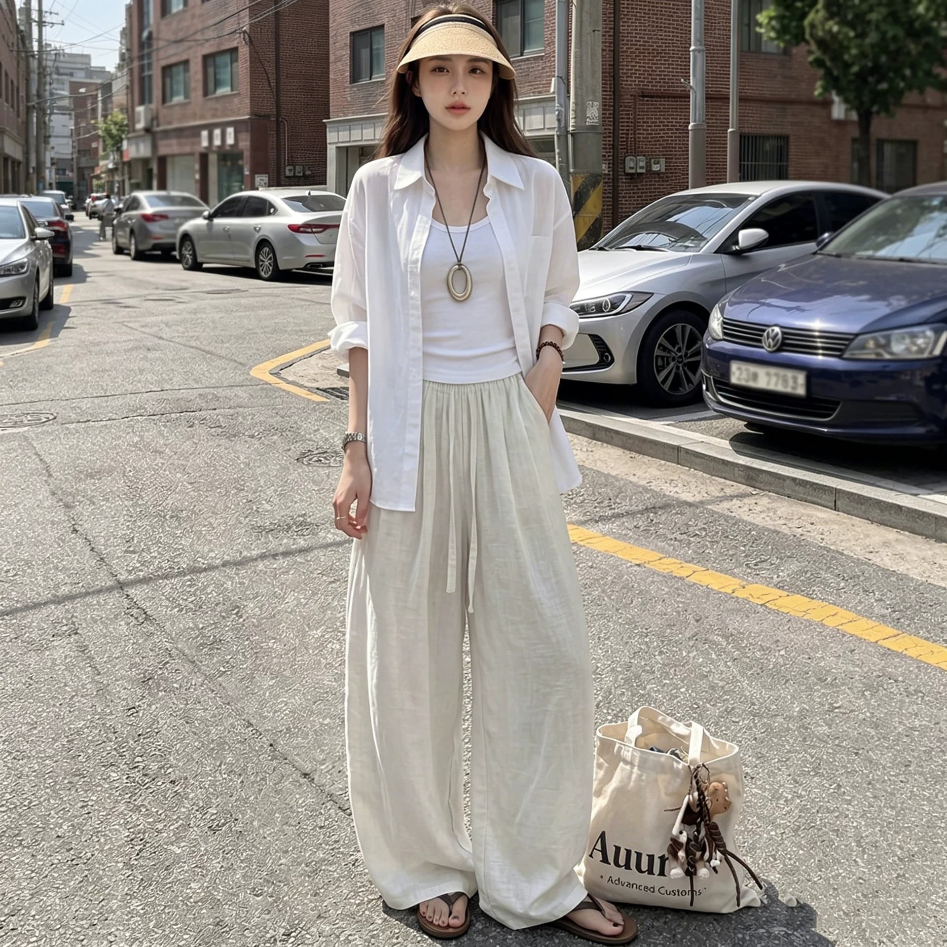일본식 아마 모통이 칼 바지 여성 여름 얇은 스타일 하이웨이스트 도루 센스 오래된 돈 바람 지방 mm 빅 사이즈 자외선 차단 면 린넨 와이드 레그 팬츠 이미지 2