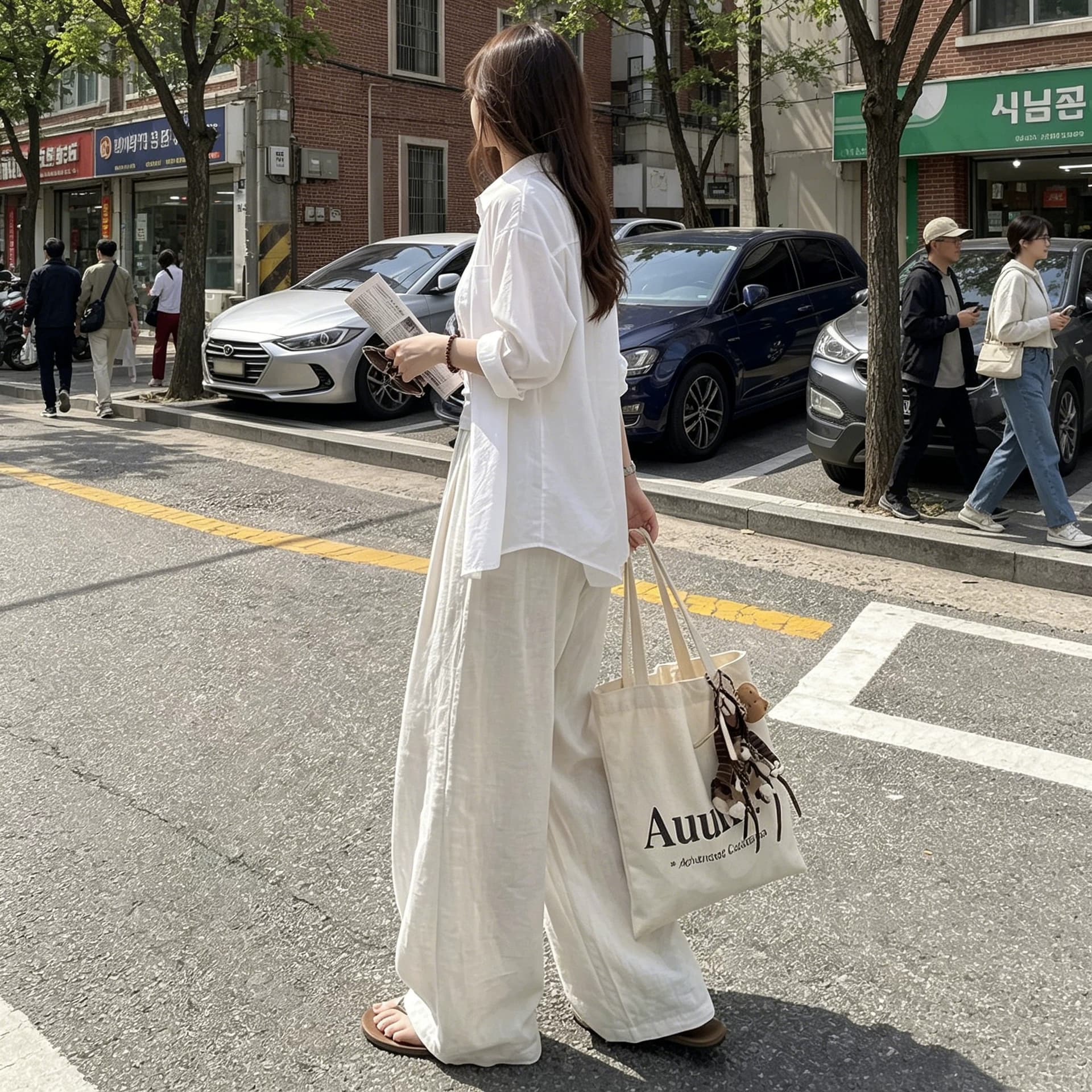 일본식 아마 모통이 칼 바지 여성 여름 얇은 스타일 하이웨이스트 도루 센스 오래된 돈 바람 지방 mm 빅 사이즈 자외선 차단 면 린넨 와이드 레그 팬츠 이미지 4