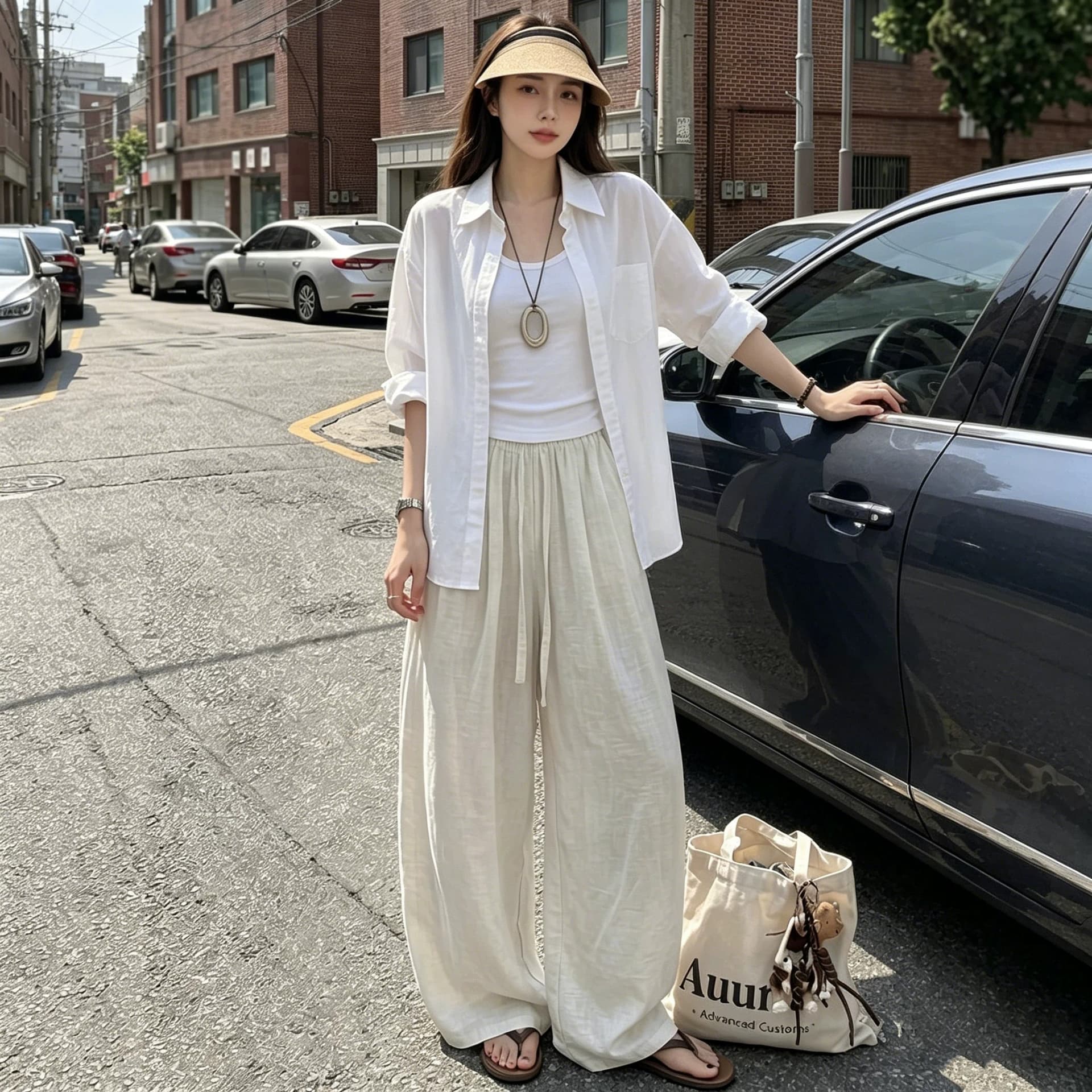일본식 아마 모통이 칼 바지 여성 여름 얇은 스타일 하이웨이스트 도루 센스 오래된 돈 바람 지방 mm 빅 사이즈 자외선 차단 면 린넨 와이드 레그 팬츠 이미지 5