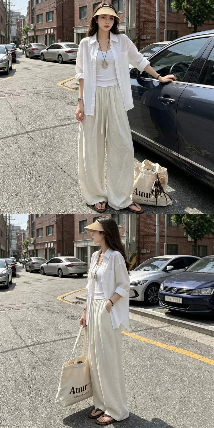일본식 아마 모통이 칼 바지 여성 여름 얇은 스타일 하이웨이스트 도루 센스 오래된 돈 바람 지방 mm 빅 사이즈 자외선 차단 면 린넨 와이드 레그 팬츠 상세 이미지 1
