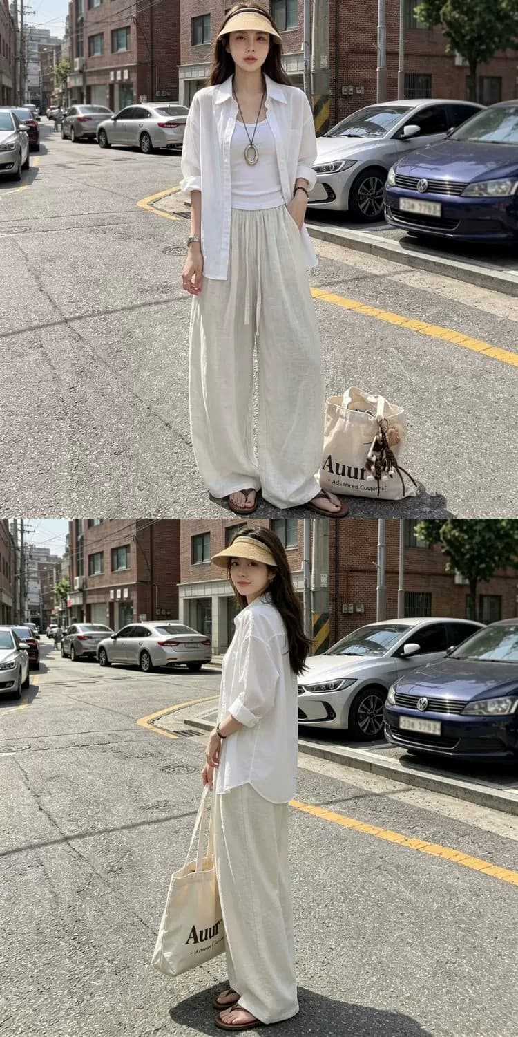 일본식 아마 모통이 칼 바지 여성 여름 얇은 스타일 하이웨이스트 도루 센스 오래된 돈 바람 지방 mm 빅 사이즈 자외선 차단 면 린넨 와이드 레그 팬츠 상세 이미지 2