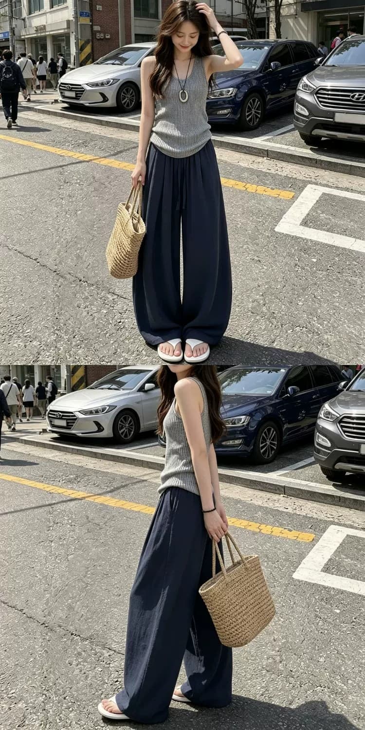 일본식 아마 모통이 칼 바지 여성 여름 얇은 스타일 하이웨이스트 도루 센스 오래된 돈 바람 지방 mm 빅 사이즈 자외선 차단 면 린넨 와이드 레그 팬츠 상세 이미지 5