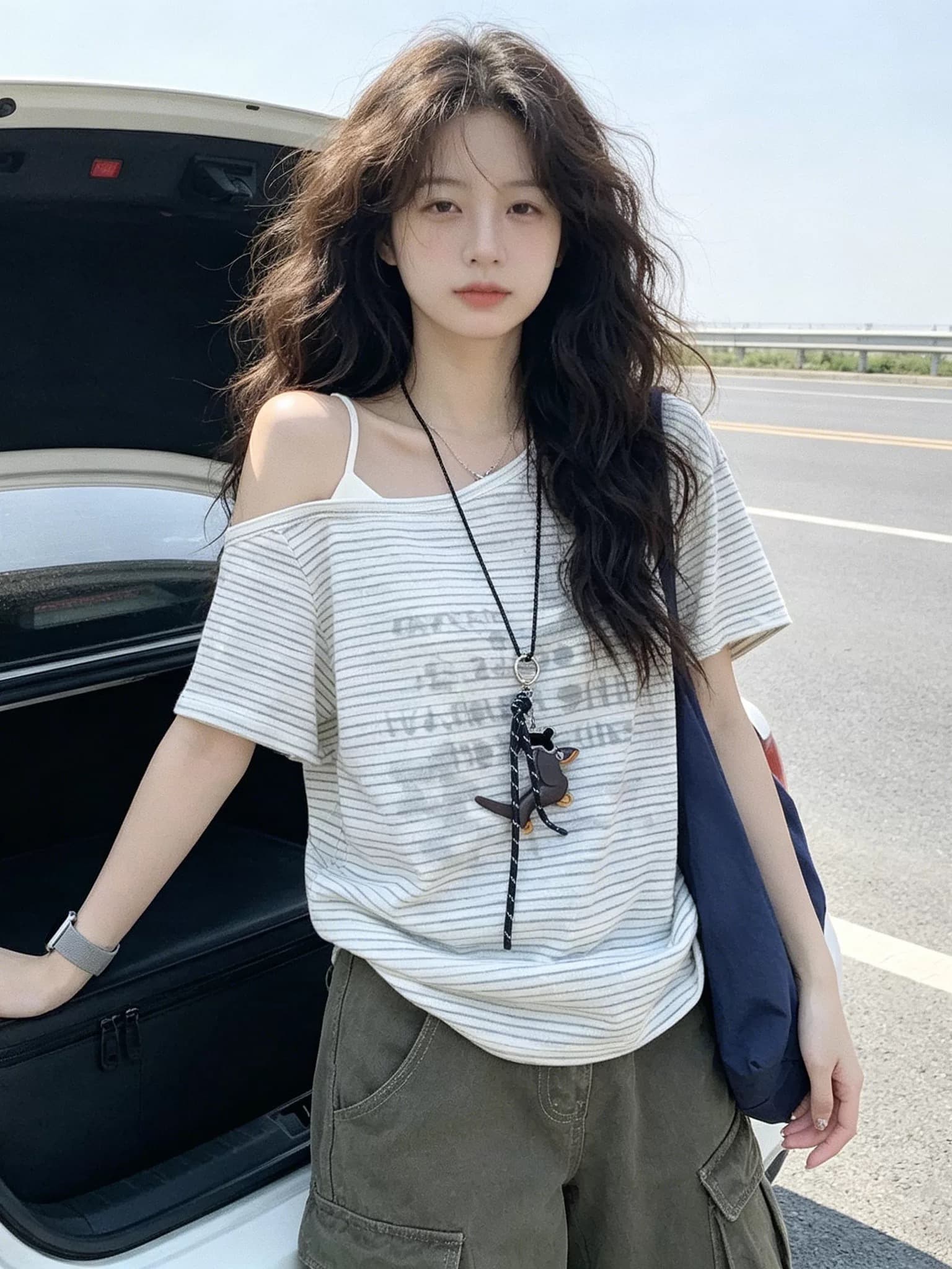 스트라이프 비스듬한 어깨 오프숄더 반팔 티셔츠 여성 여름 디자인 센스 작은 대중 작은 대중 슬림해 보이는 핫걸 순수한 욕망 바람 맨위 한 이미지 3