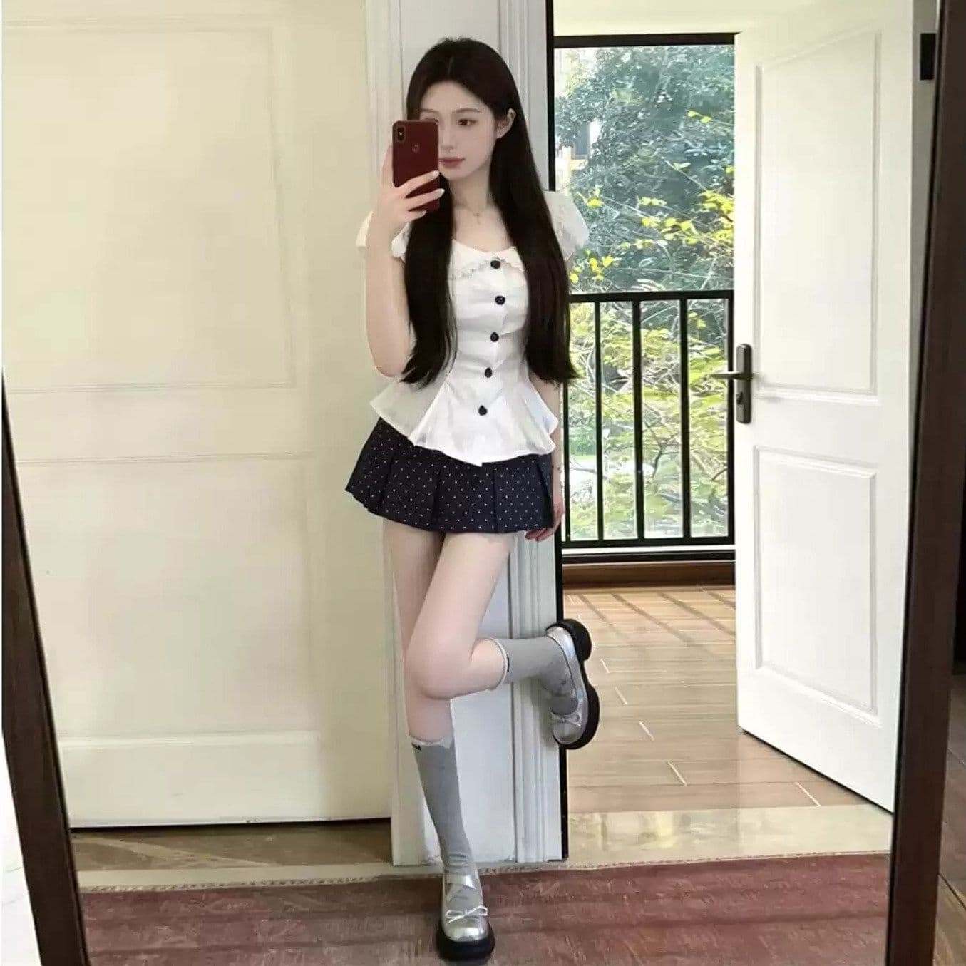 프랑스식 달콤함 베이비 칼라 허리 수축 스트랩 거품 소매 맨위 여성 봄 여름 새로운 도트 무늬 반신 스커트 투피스 슈트 이미지 4