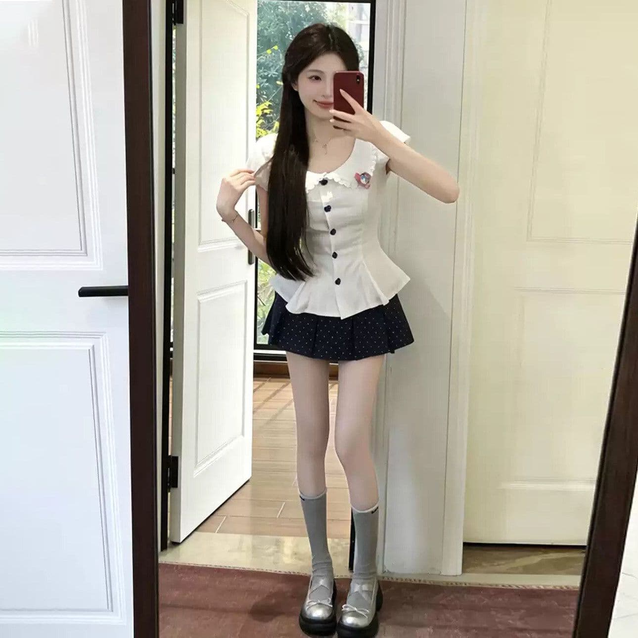 프랑스식 달콤함 베이비 칼라 허리 수축 스트랩 거품 소매 맨위 여성 봄 여름 새로운 도트 무늬 반신 스커트 투피스 슈트 이미지 2