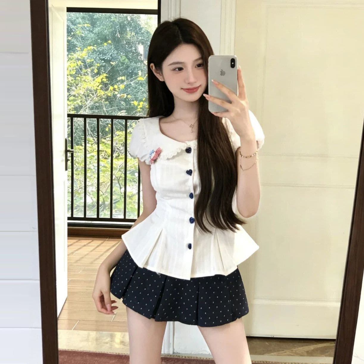 프랑스식 달콤함 베이비 칼라 허리 수축 스트랩 거품 소매 맨위 여성 봄 여름 새로운 도트 무늬 반신 스커트 투피스 슈트 상세 이미지 3