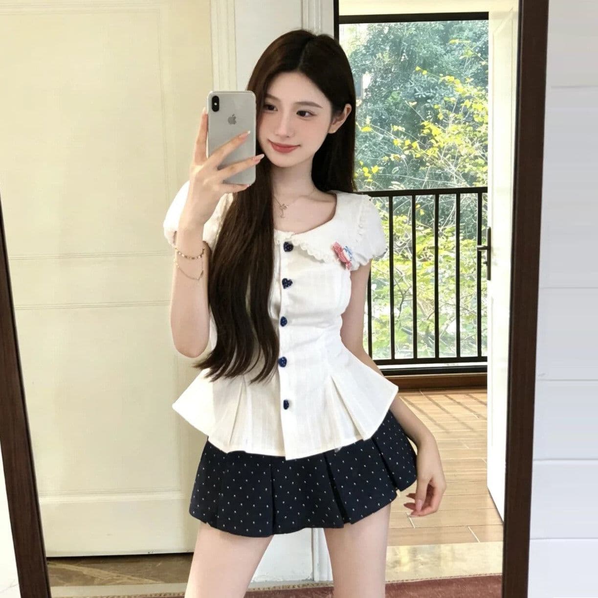 프랑스식 달콤함 베이비 칼라 허리 수축 스트랩 거품 소매 맨위 여성 봄 여름 새로운 도트 무늬 반신 스커트 투피스 슈트 상세 이미지 4