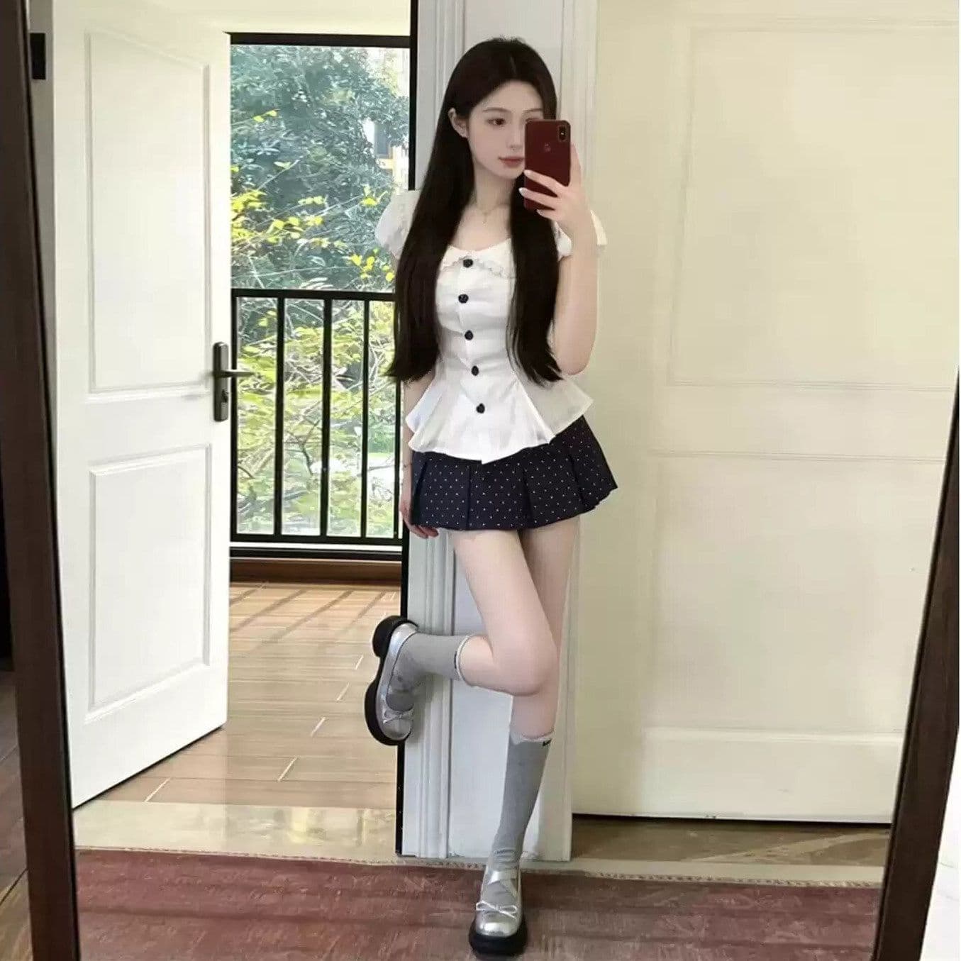 프랑스식 달콤함 베이비 칼라 허리 수축 스트랩 거품 소매 맨위 여성 봄 여름 새로운 도트 무늬 반신 스커트 투피스 슈트 상세 이미지 5