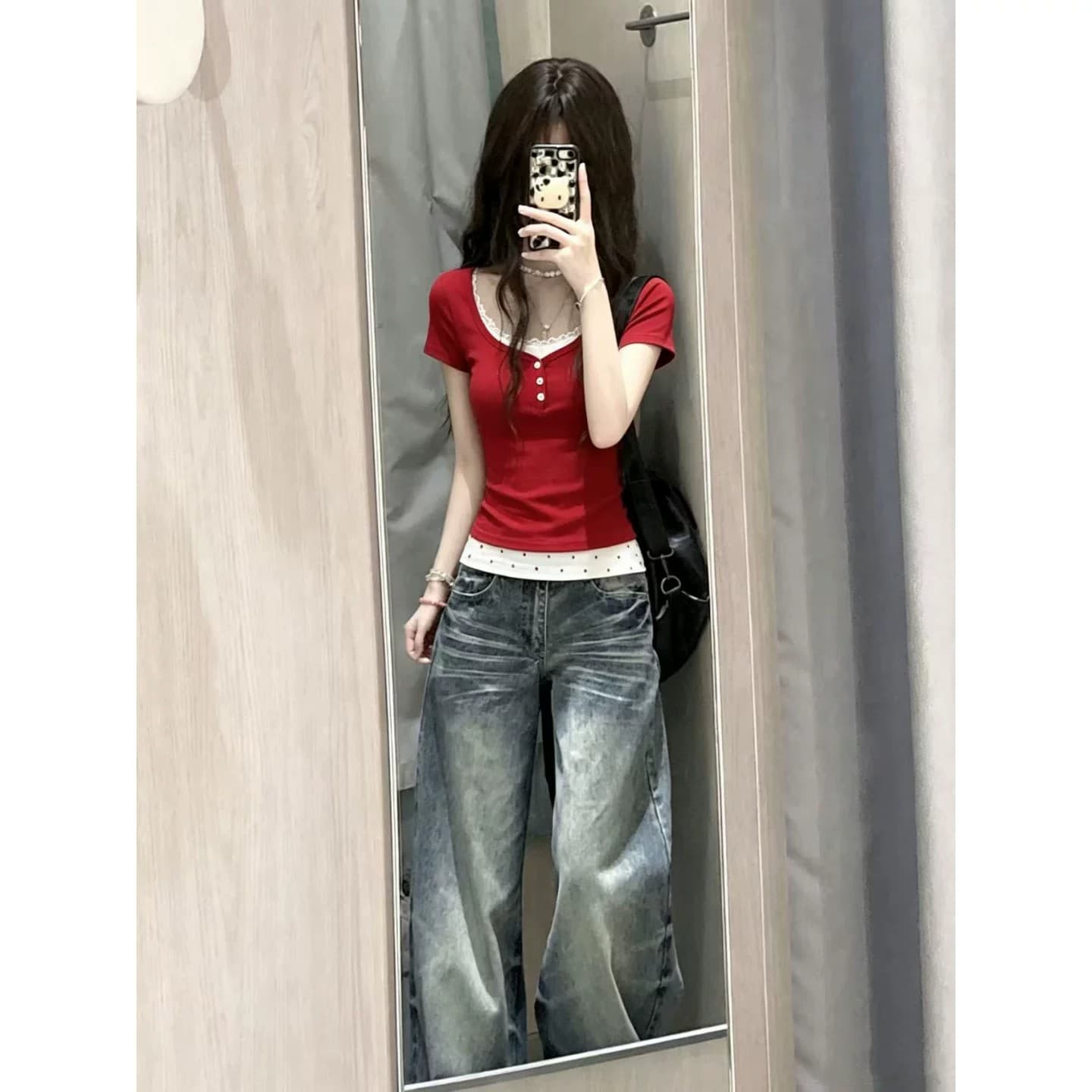 40 순면 한 부서 레이스 빨간색 반팔 티셔츠 여성 여름 새로운 몸매 가꾸기 슬림해 보이는 페이크 레이어드 핫걸 맨위 상세 이미지 1