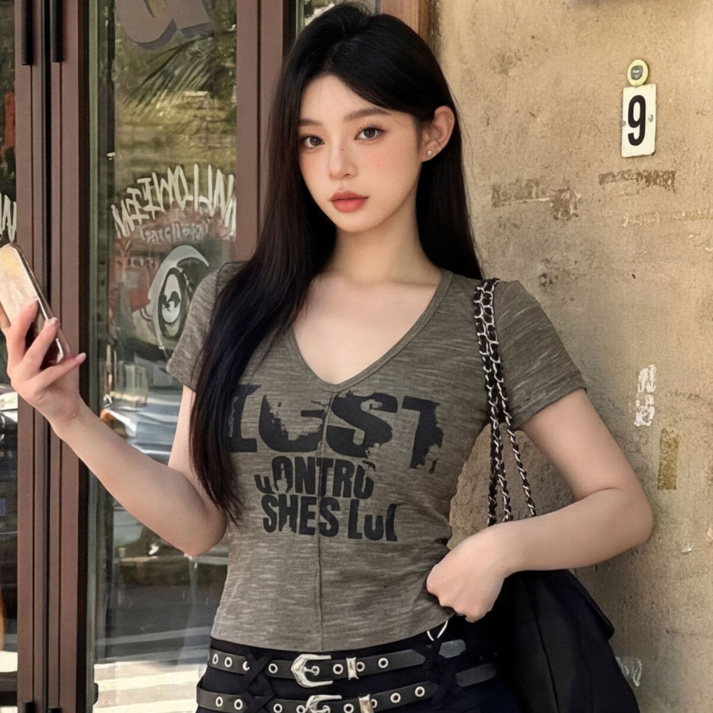 경관 그림 핫걸 순수한 욕망 한국 스타일 패션 V넥 알파벳 반팔 티셔츠 여름 고급 슬림해 보이는 다용도 맨위
