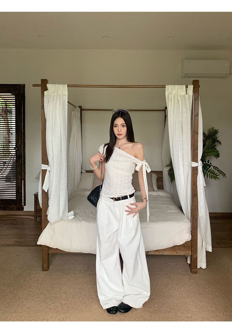 원본 대나무 마디 면 불규칙 비스듬한 어깨 반팔 티셔츠 여성 여름 몸매 가꾸기 슬림해 보이는 디자인 센스 오프숄더 맨위 상세 이미지 4