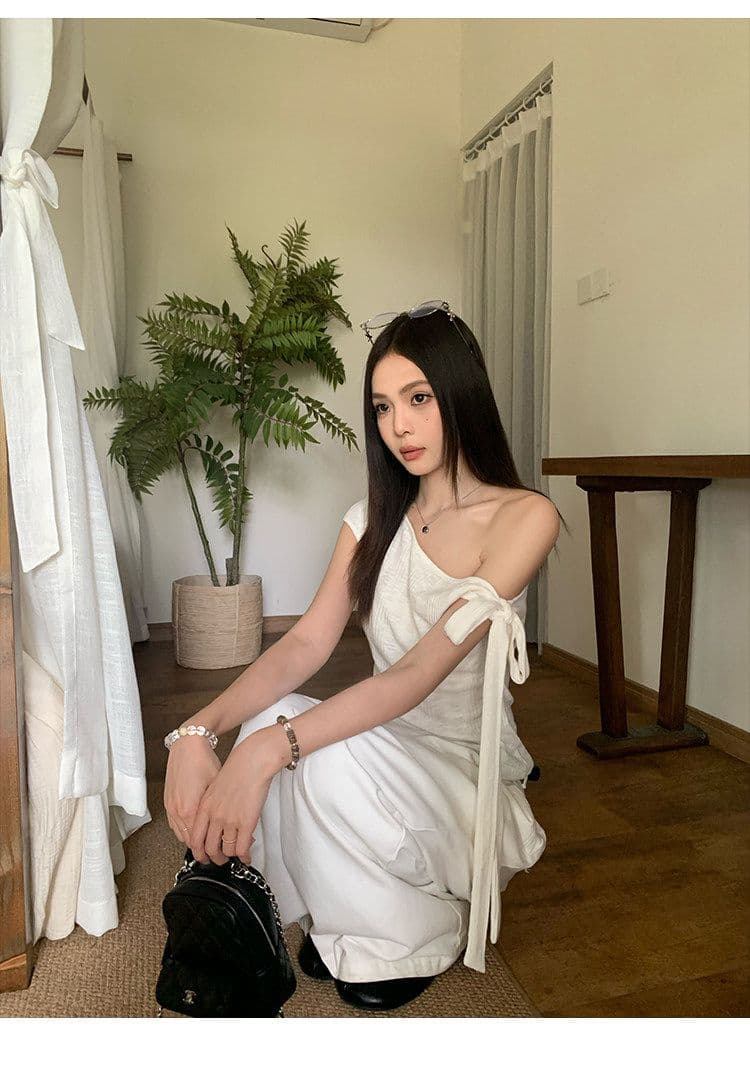 원본 대나무 마디 면 불규칙 비스듬한 어깨 반팔 티셔츠 여성 여름 몸매 가꾸기 슬림해 보이는 디자인 센스 오프숄더 맨위 상세 이미지 6