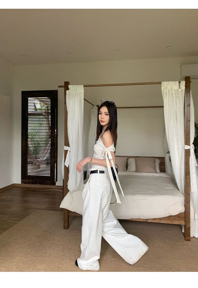 원본 대나무 마디 면 불규칙 비스듬한 어깨 반팔 티셔츠 여성 여름 몸매 가꾸기 슬림해 보이는 디자인 센스 오프숄더 맨위 상세 이미지 7