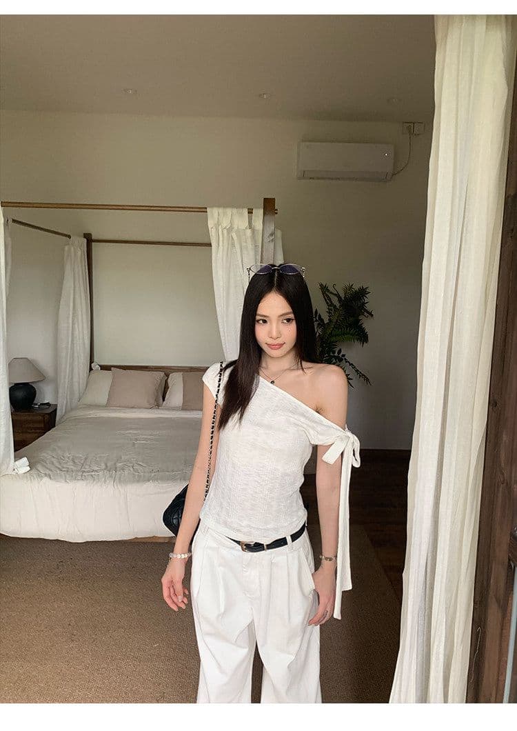 원본 대나무 마디 면 불규칙 비스듬한 어깨 반팔 티셔츠 여성 여름 몸매 가꾸기 슬림해 보이는 디자인 센스 오프숄더 맨위 상세 이미지 8