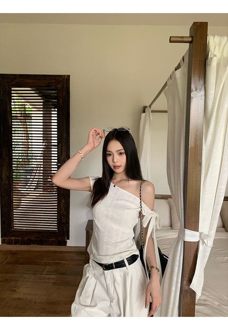 원본 대나무 마디 면 불규칙 비스듬한 어깨 반팔 티셔츠 여성 여름 몸매 가꾸기 슬림해 보이는 디자인 센스 오프숄더 맨위 상세 이미지 9