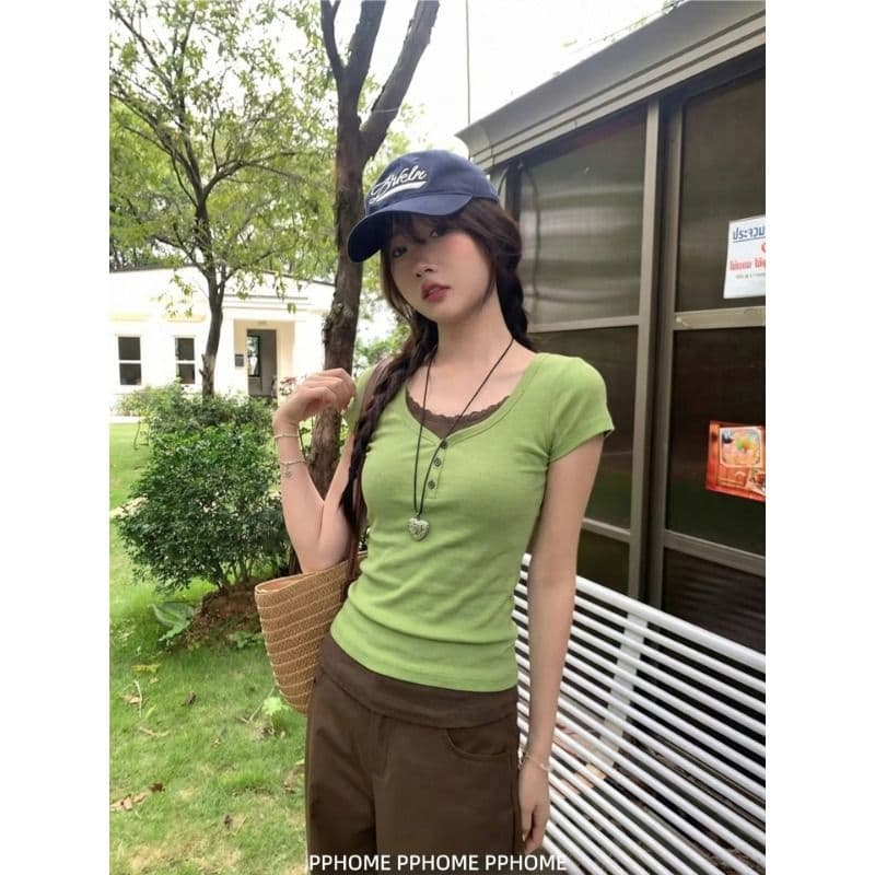 프랑스 리브 원본 원단 페이크 레이어드 레이스 라운드 넥 반팔 티셔츠 여성 몸매 가꾸기 다용도 슬림해 보이는 맨위 이미지 3