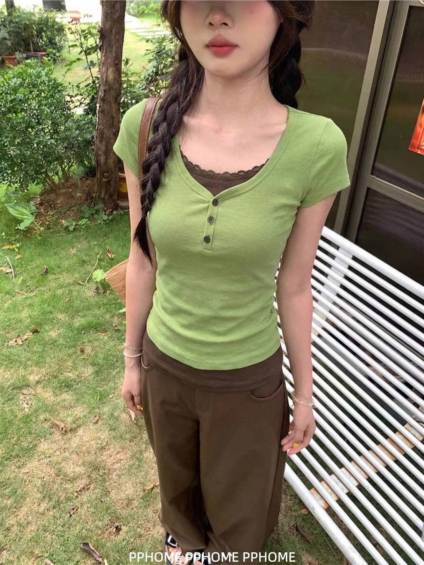 프랑스 리브 원본 원단 페이크 레이어드 레이스 라운드 넥 반팔 티셔츠 여성 몸매 가꾸기 다용도 슬림해 보이는 맨위 상세 이미지 4