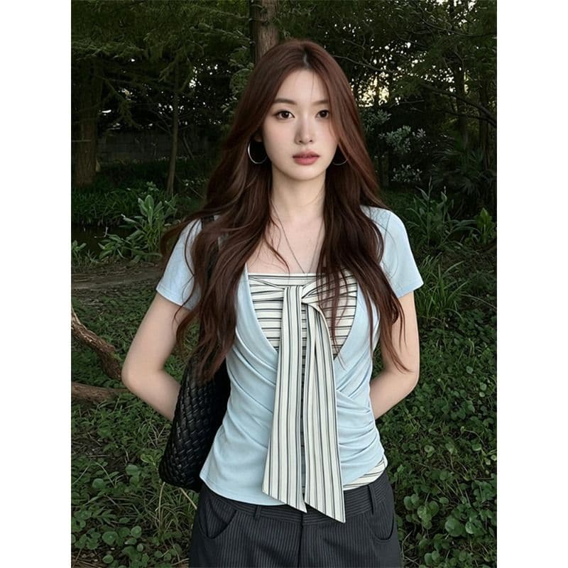 원본 것 한 부서 반팔 티셔츠 투피스 슈트 여성 여름 스트라이프 튜브탑 조끼 몸매 가꾸기 디스플레이 맨위 이미지 4