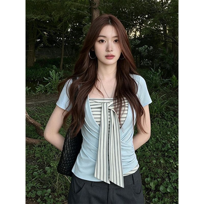 원본 것 한 부서 반팔 티셔츠 투피스 슈트 여성 여름 스트라이프 튜브탑 조끼 몸매 가꾸기 디스플레이 맨위 상세 이미지 3