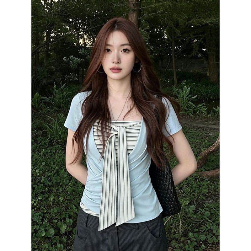 원본 것 한 부서 반팔 티셔츠 투피스 슈트 여성 여름 스트라이프 튜브탑 조끼 몸매 가꾸기 디스플레이 맨위 상세 이미지 5