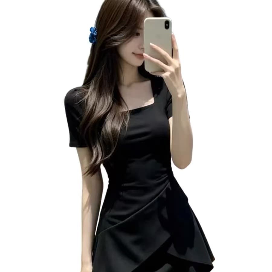 프랑스식 그는 벤 바람 검정색 점프 슈트 치마 여름 고급 센스 품격 허리 수축 불규칙 밑단 디자인 센스 미니 스커트 이미지 5