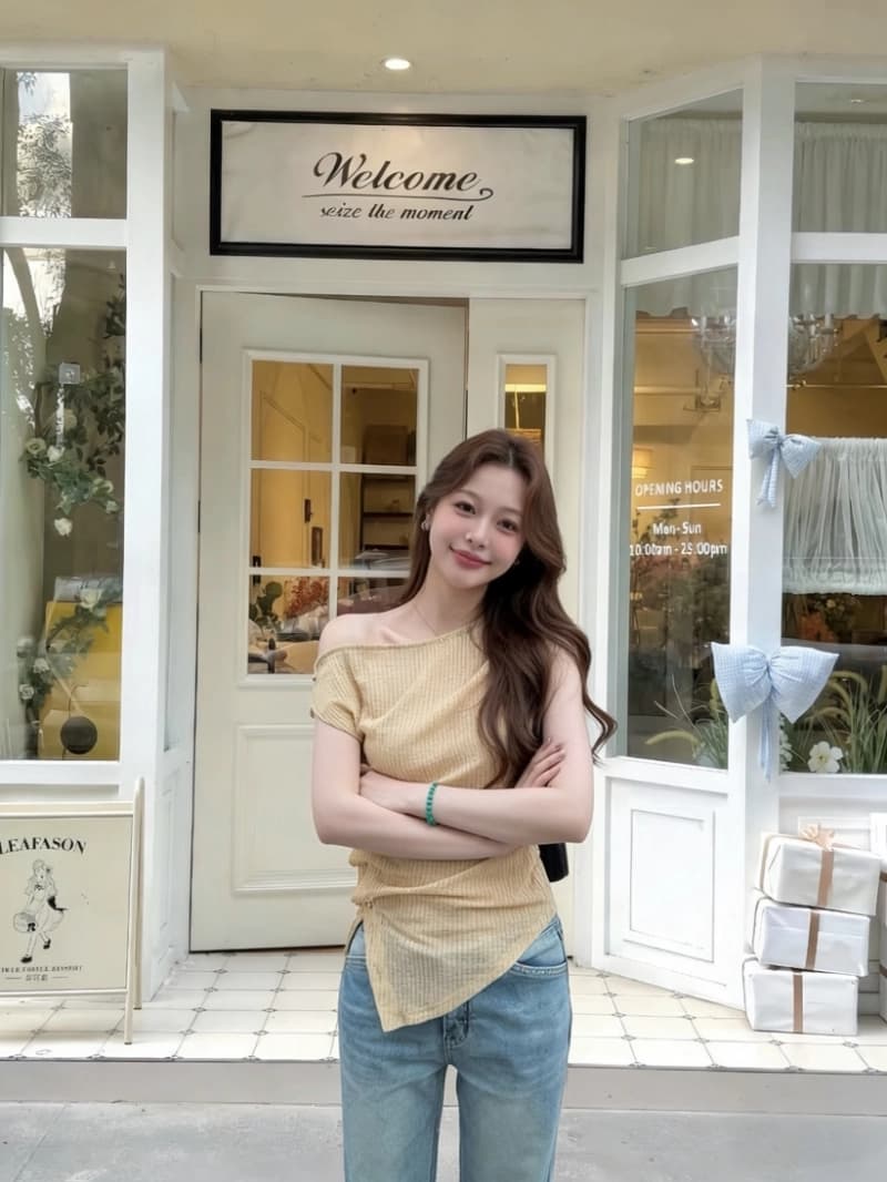 원본 원단 작은 대중 비스듬한 어깨 몸매 가꾸기 반팔 티셔츠 여성 여름 순수한 욕망 다용도 비대칭 오프숄더 맨위 상세 이미지 4
