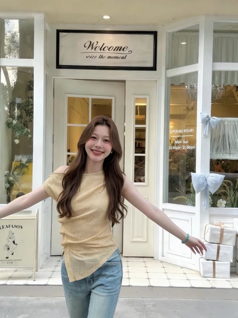 원본 원단 작은 대중 비스듬한 어깨 몸매 가꾸기 반팔 티셔츠 여성 여름 순수한 욕망 다용도 비대칭 오프숄더 맨위 상세 이미지 5