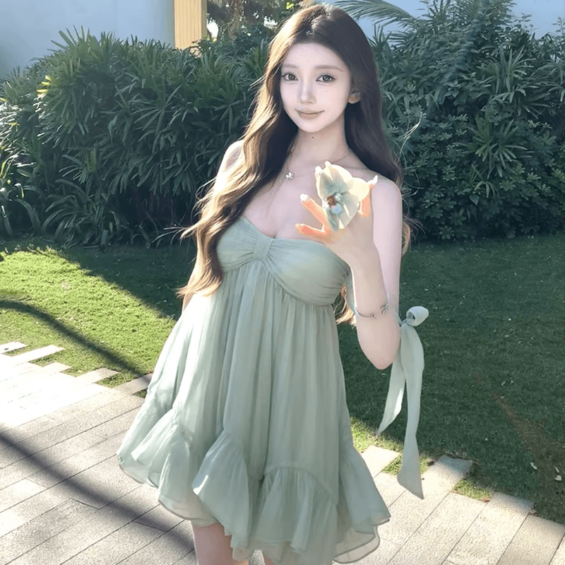 원본 것 있음 네리 프랑스식 슬립 무거운 작업 나비 매듭 프릴 요정 치마 해변가 착용 가져 가라. 슬림해 보이는 미니 스커트 이미지 2