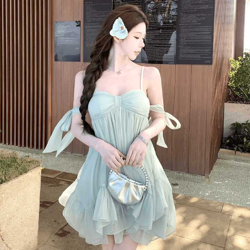 원본 것 있음 네리 프랑스식 슬립 무거운 작업 나비 매듭 프릴 요정 치마 해변가 착용 가져 가라. 슬림해 보이는 미니 스커트 이미지 3