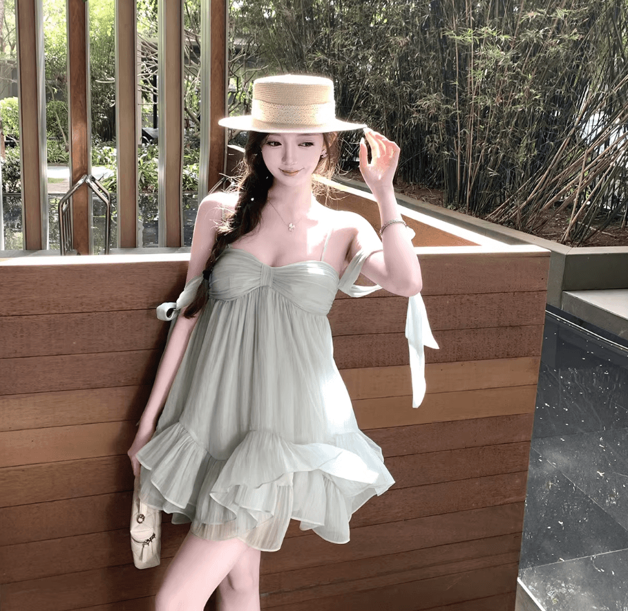 원본 것 있음 네리 프랑스식 슬립 무거운 작업 나비 매듭 프릴 요정 치마 해변가 착용 가져 가라. 슬림해 보이는 미니 스커트 상세 이미지 20