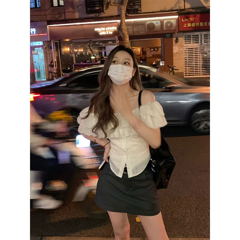 살구 색상 프랑스식 반팔 셔츠 2026 새로운 여름 프릴 오프숄더 맨위 이미지 3