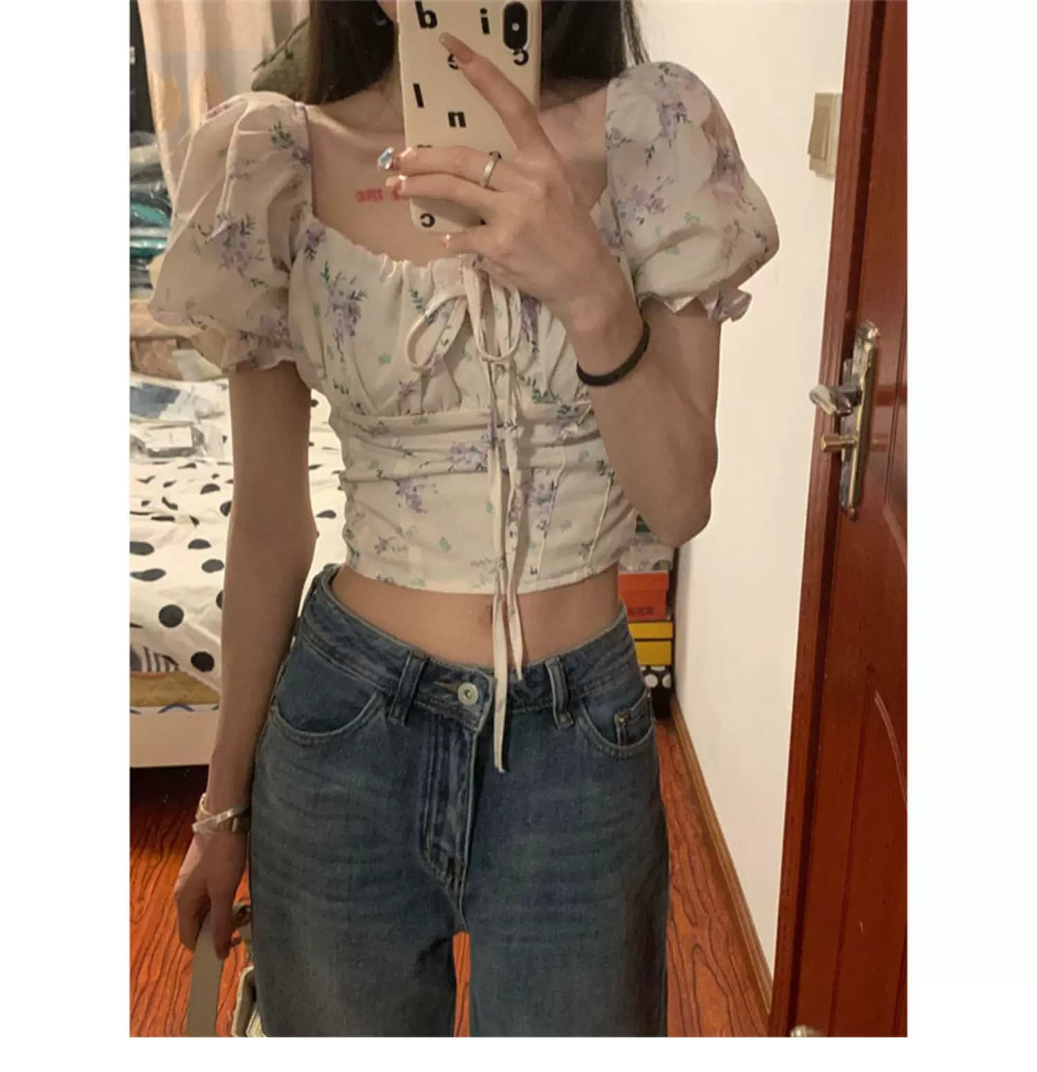 핫걸 거품 소매 꽃무늬 반팔 여성 셔츠 여름 순수한 욕망 허리 수축 몸매 가꾸기 섹시함 꼬집기 허리 타이트 쇼트 스타일 맨위 상세 이미지 3