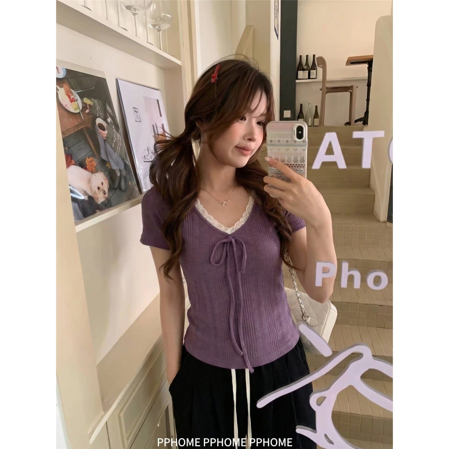 pphome 등나무 안개 언어 순수한 욕망 레이스 레이스 패치워크 V넥 반팔 티셔츠 여성 몸매 가꾸기 다용도 맨위