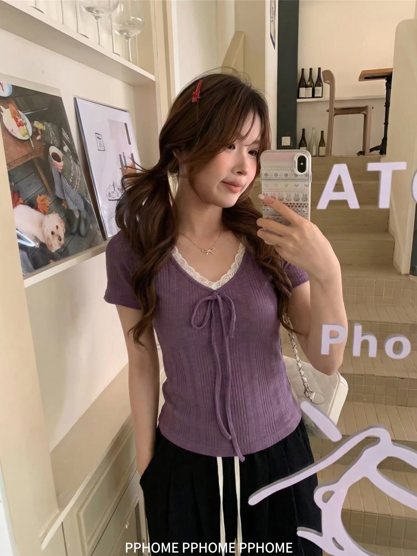 pphome 등나무 안개 언어 순수한 욕망 레이스 레이스 패치워크 V넥 반팔 티셔츠 여성 몸매 가꾸기 다용도 맨위 상세 이미지 2
