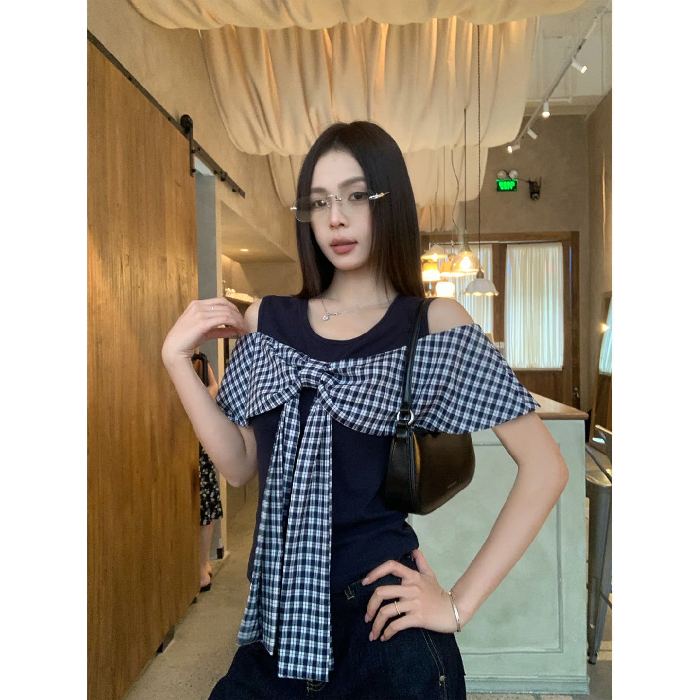원본 원단 것 도트 무늬 페이크 레이어드 반팔 티셔츠 여름 한 부서 나비 매듭 오프숄더 맨위 이미지 4