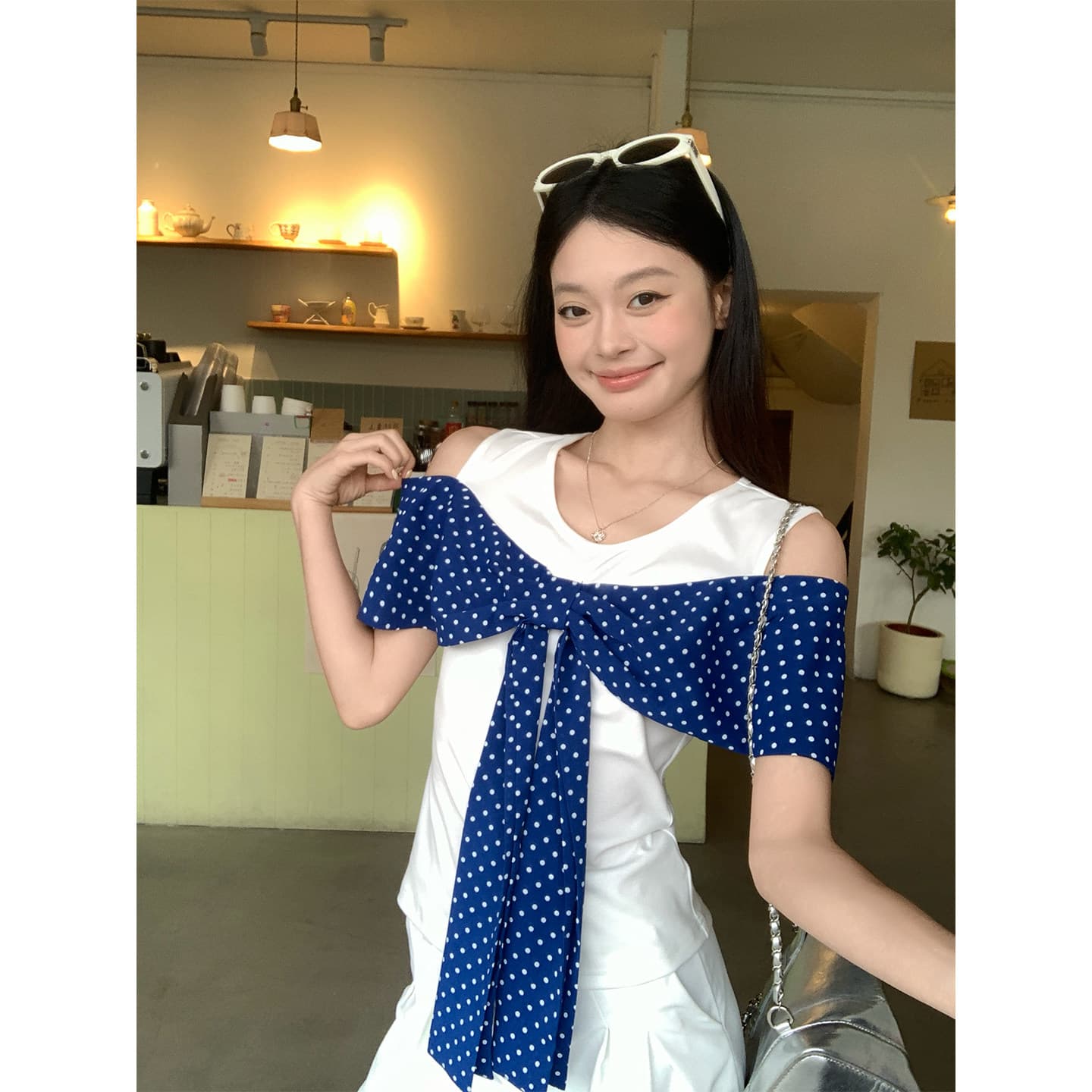 원본 원단 것 도트 무늬 페이크 레이어드 반팔 티셔츠 여름 한 부서 나비 매듭 오프숄더 맨위 이미지 3