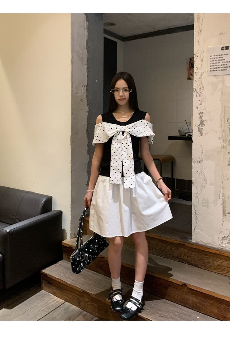 원본 원단 것 도트 무늬 페이크 레이어드 반팔 티셔츠 여름 한 부서 나비 매듭 오프숄더 맨위 상세 이미지 6