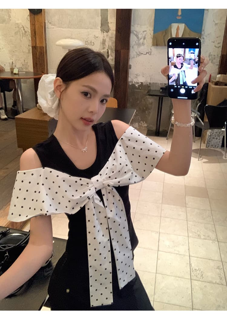 원본 원단 것 도트 무늬 페이크 레이어드 반팔 티셔츠 여름 한 부서 나비 매듭 오프숄더 맨위 상세 이미지 7