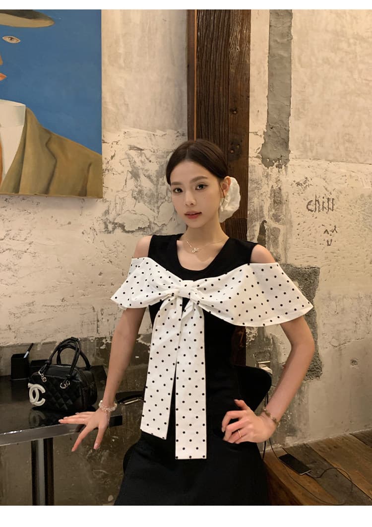 원본 원단 것 도트 무늬 페이크 레이어드 반팔 티셔츠 여름 한 부서 나비 매듭 오프숄더 맨위 상세 이미지 10