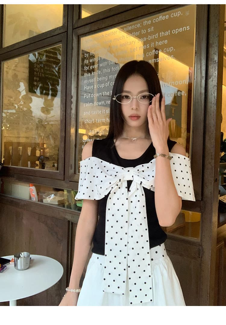 원본 원단 것 도트 무늬 페이크 레이어드 반팔 티셔츠 여름 한 부서 나비 매듭 오프숄더 맨위 상세 이미지 15