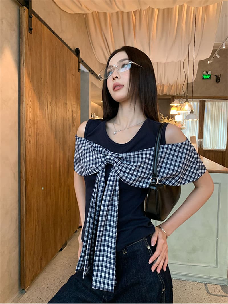 원본 원단 것 도트 무늬 페이크 레이어드 반팔 티셔츠 여름 한 부서 나비 매듭 오프숄더 맨위 상세 이미지 21