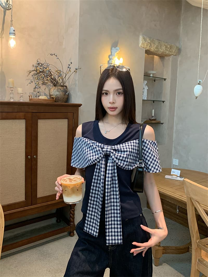 원본 원단 것 도트 무늬 페이크 레이어드 반팔 티셔츠 여름 한 부서 나비 매듭 오프숄더 맨위 상세 이미지 25