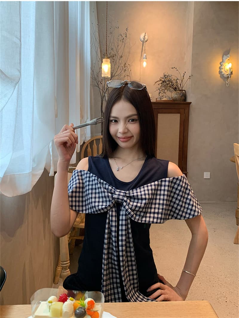 원본 원단 것 도트 무늬 페이크 레이어드 반팔 티셔츠 여름 한 부서 나비 매듭 오프숄더 맨위 상세 이미지 26