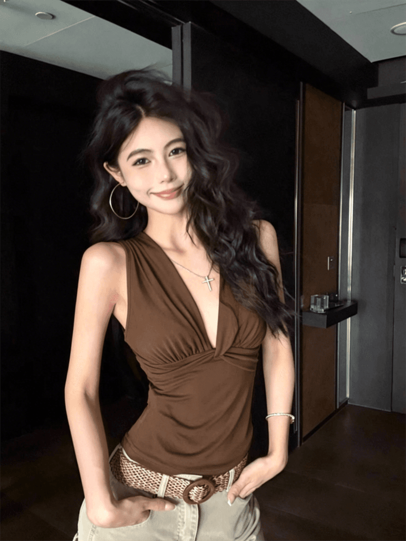 달콤한 핫걸 허리 수축 슬림해 보이는 V넥 행침 목 조끼 슬립 여성 고급 센스 태국 사람 스타일 도파민 민소매 맨위 이미지 4