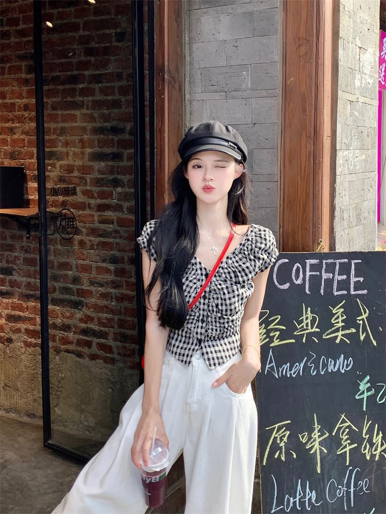 원본 셔틀 직물 홍콩 느낌 흑인과 백인 체크무늬 V넥 민소매 셔츠 여름 몸매 가꾸기 슬림해 보이는 쇼트 스타일 맨위 상세 이미지 13