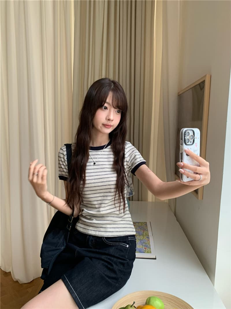 원본 순면 한 부서 스트라이프 라운드 넥 V넥 반팔 티셔츠 핫걸 몸매 가꾸기 슬림해 보이는 맨위 상세 이미지 7