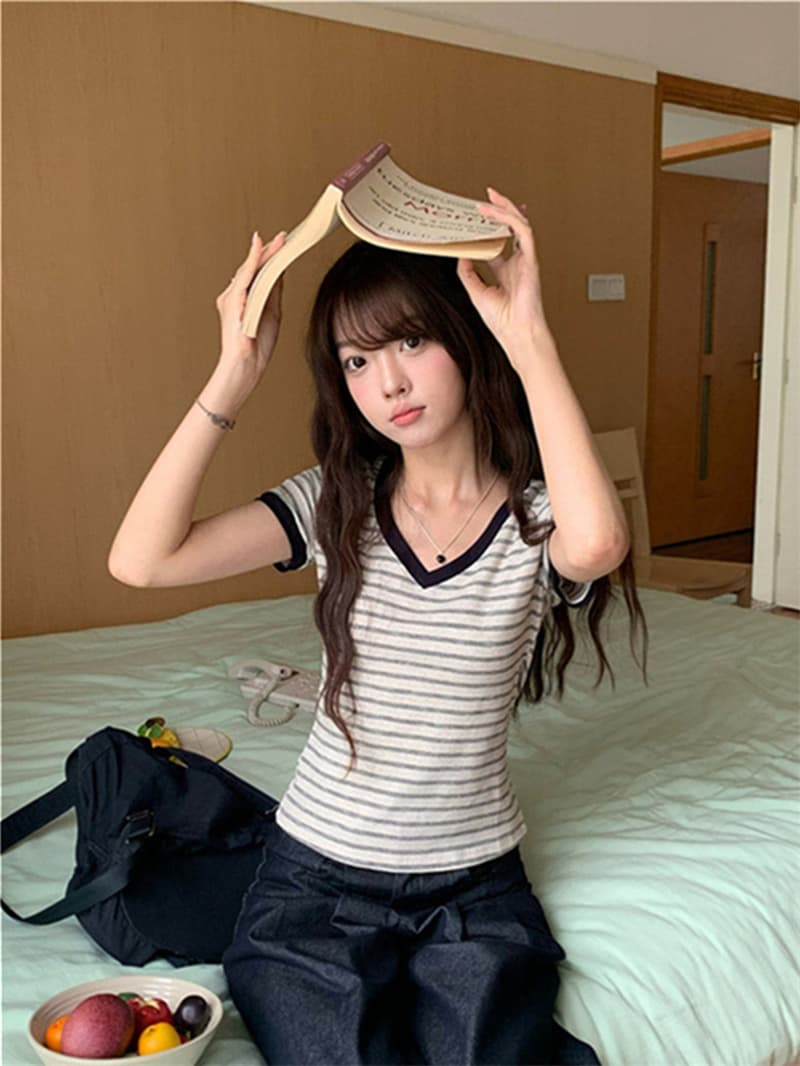 원본 순면 한 부서 스트라이프 라운드 넥 V넥 반팔 티셔츠 핫걸 몸매 가꾸기 슬림해 보이는 맨위 상세 이미지 16
