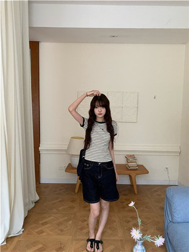 원본 순면 한 부서 스트라이프 라운드 넥 V넥 반팔 티셔츠 핫걸 몸매 가꾸기 슬림해 보이는 맨위 상세 이미지 20