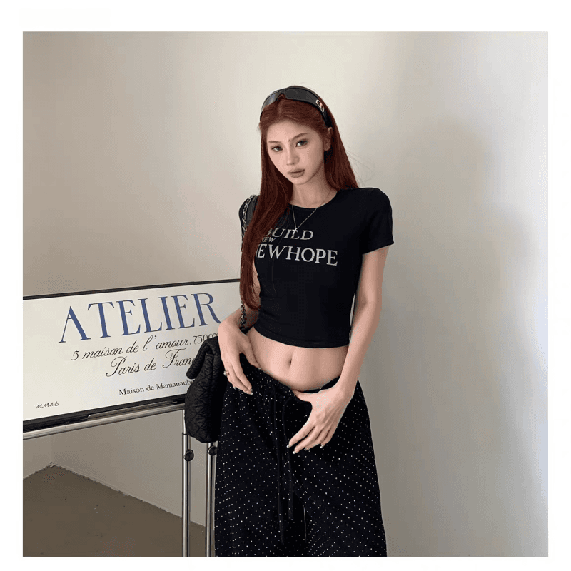 핫걸 아메리칸 레트로 알파벳 프린트 쇼트 스타일 티셔츠 여성 여름 반팔 맨위 이슬 뼈의 펑크 높은 탄력성 상세 이미지 13
